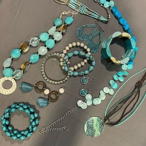 large lot of blue jewelry--New York and Company, American Eagle, Talbots